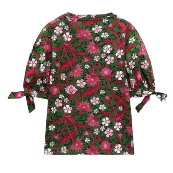 Zara Pink & Green Floral Cotton Bow Tie Puff Short Sleeve Cropped Top - M - Picture 2 of 15